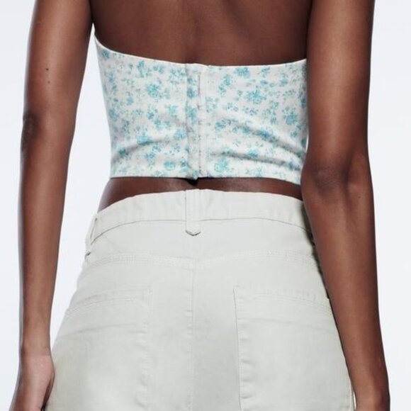 Zara Strapless White Corset Bustier Crop Top with Blue Floral Print - Picture 2 of 6